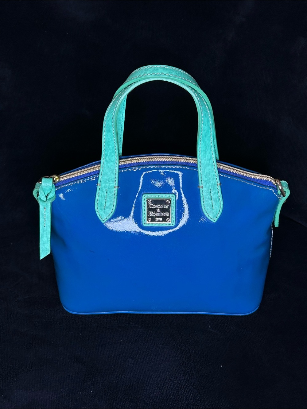 Dooney & Bourke Royal Blue Patent Satchel with Teal Handles